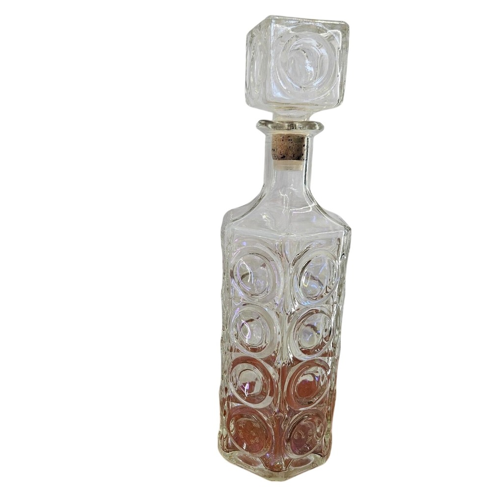 Glass Decanter Square Stopper Textured Circles Clear Iridescent Barware Vtg